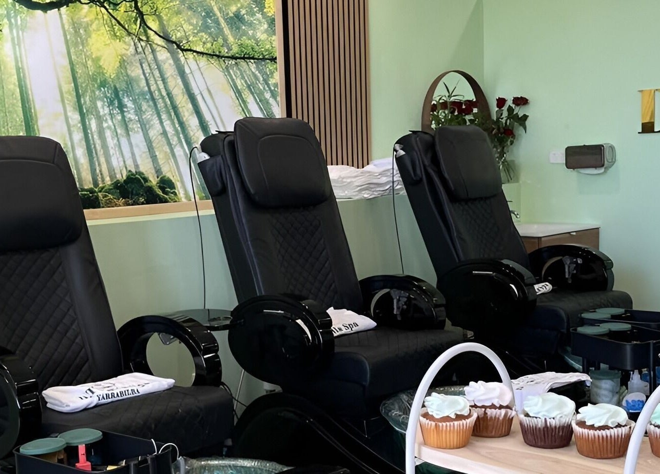 D.T Nails Spa Yarrabilba pedicure chairs and cupcakes in Yarrabilba, Queensland, AU, offering a relaxing spa experience.
