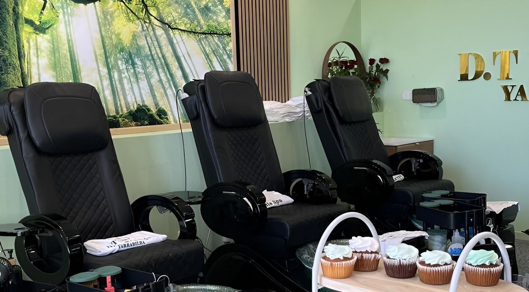 D.T Nails Spa Yarrabilba pedicure chairs and cupcakes in Yarrabilba, Queensland, AU, offering a relaxing spa experience.