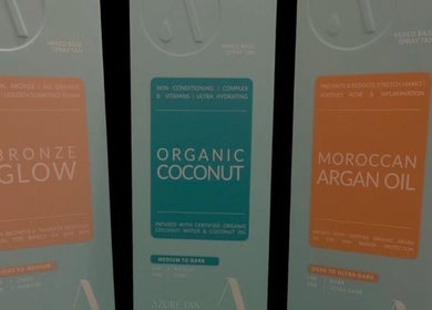 Diverse spray tan options at Sunset Tanning & Aesthetics in Mosgiel, Otago, NZ offering Bronze, Coconut, Argan.