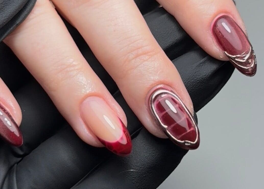 Elegant crimson nail art at Ella Boo Nails, Tweed Heads South, New South Wales, AU.