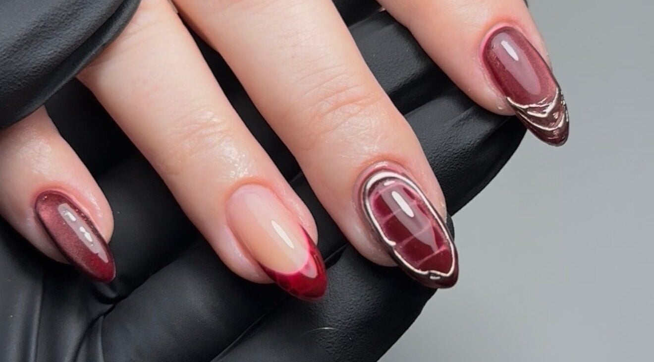 Elegant crimson nail art at Ella Boo Nails, Tweed Heads South, New South Wales, AU.