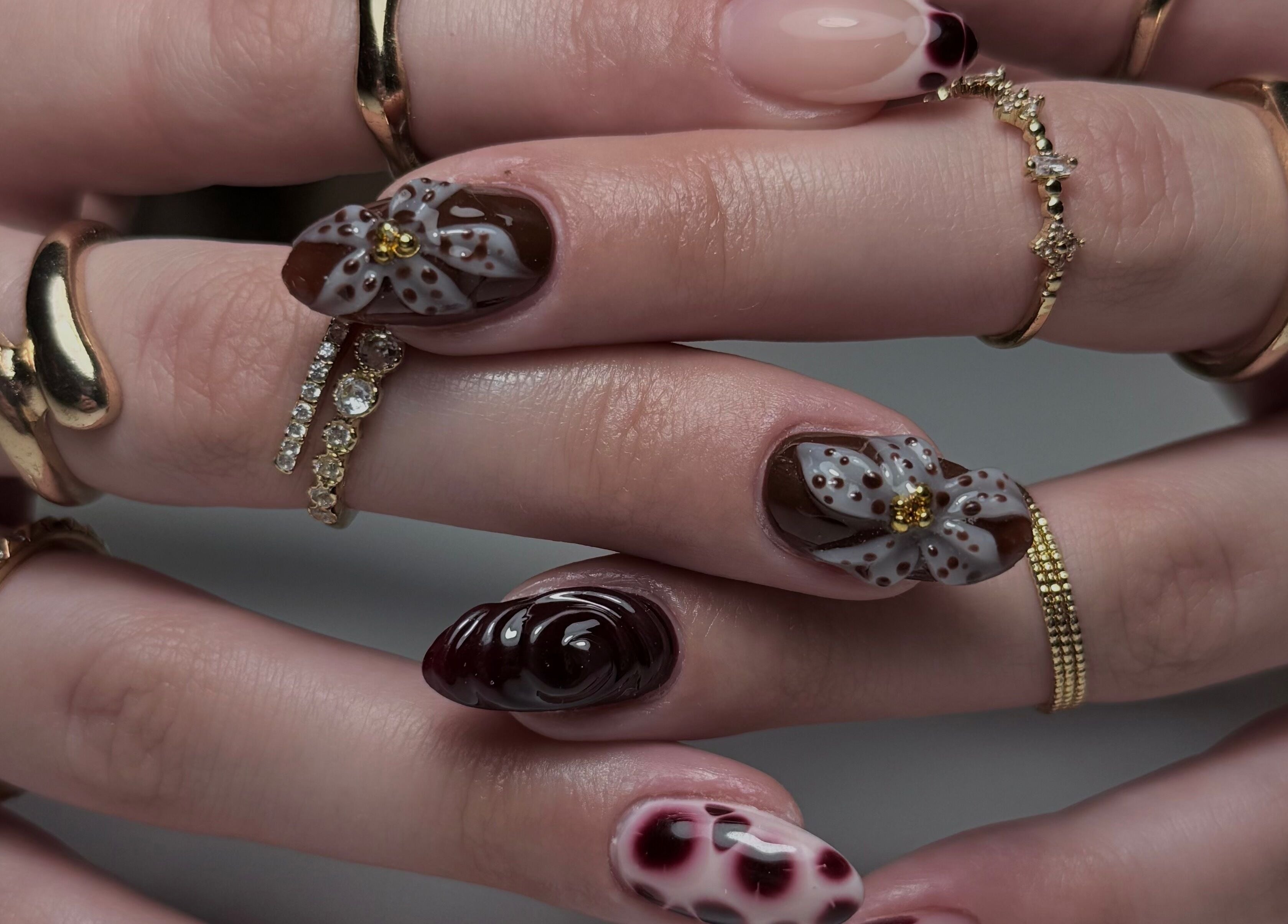 Ornate nail art with floral designs at Ella Boo Nails, Tweed Heads South, New South Wales, AU.