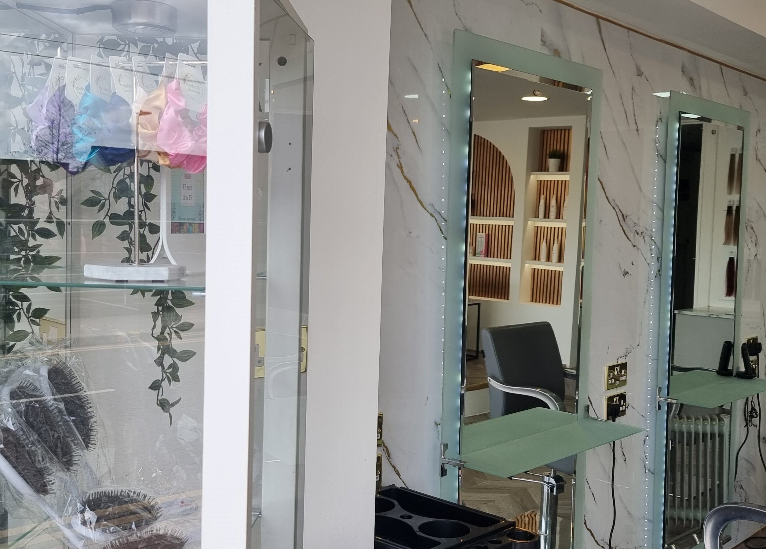 Chic styling stations and product display at HairArt_bydennileigh, Eccles, England, GB.