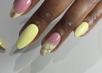 Yellow and pink chic nail art at Glamorous Nails by Jd, Midrand, Gauteng, ZA. Trendy and stylish design.