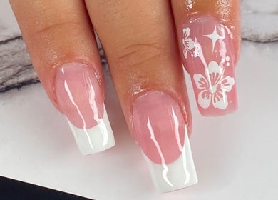 Detailed floral and French nail art at Diversity Beauty Studio, Cwmbran, Wales, GB.