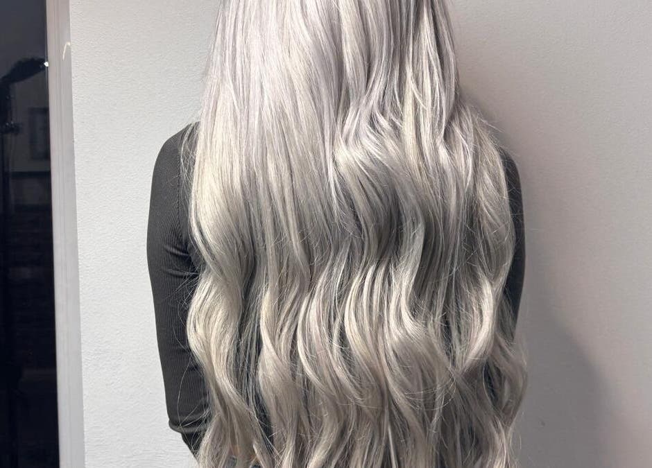 Long, wavy silver hair styled at Salon Jolie by Marie, București, București, RO.