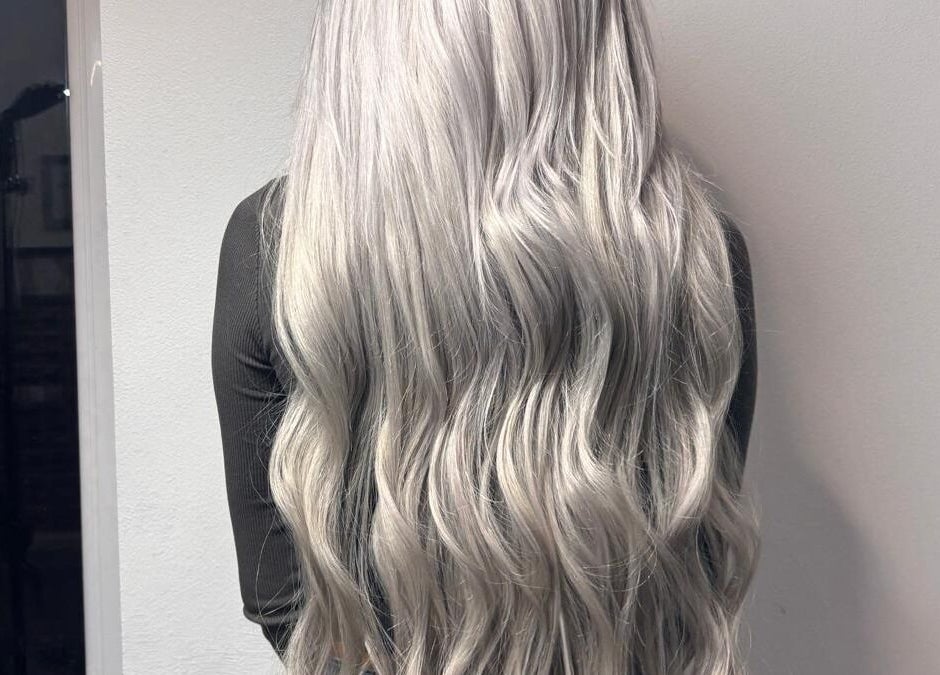 Long, wavy silver hair styled at Salon Jolie by Marie, București, București, RO.