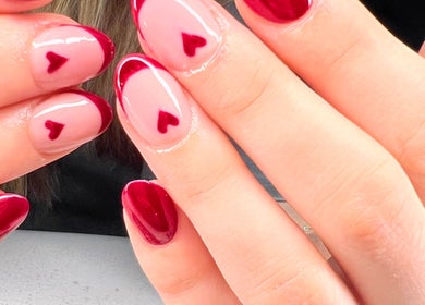 Elegant red and pink heart nail art at Vip Nails By Wafa in Glasgow, Scotland, GB.