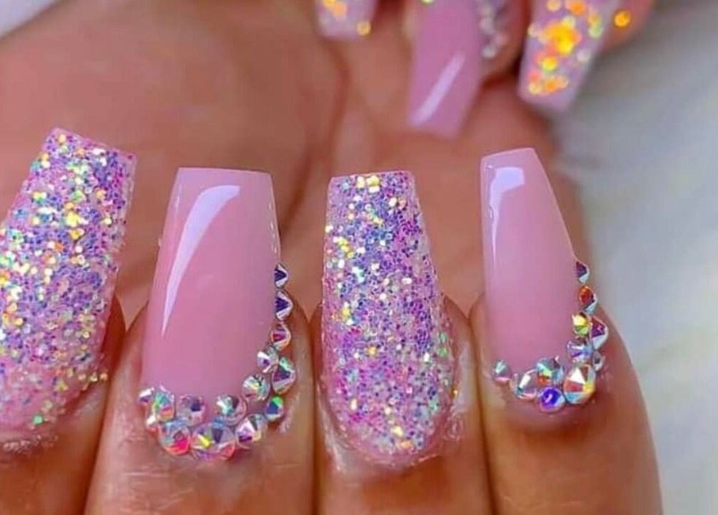 Stylish pink and glitter nails designed at Vip Nails By Wafa, Glasgow, Scotland, GB.