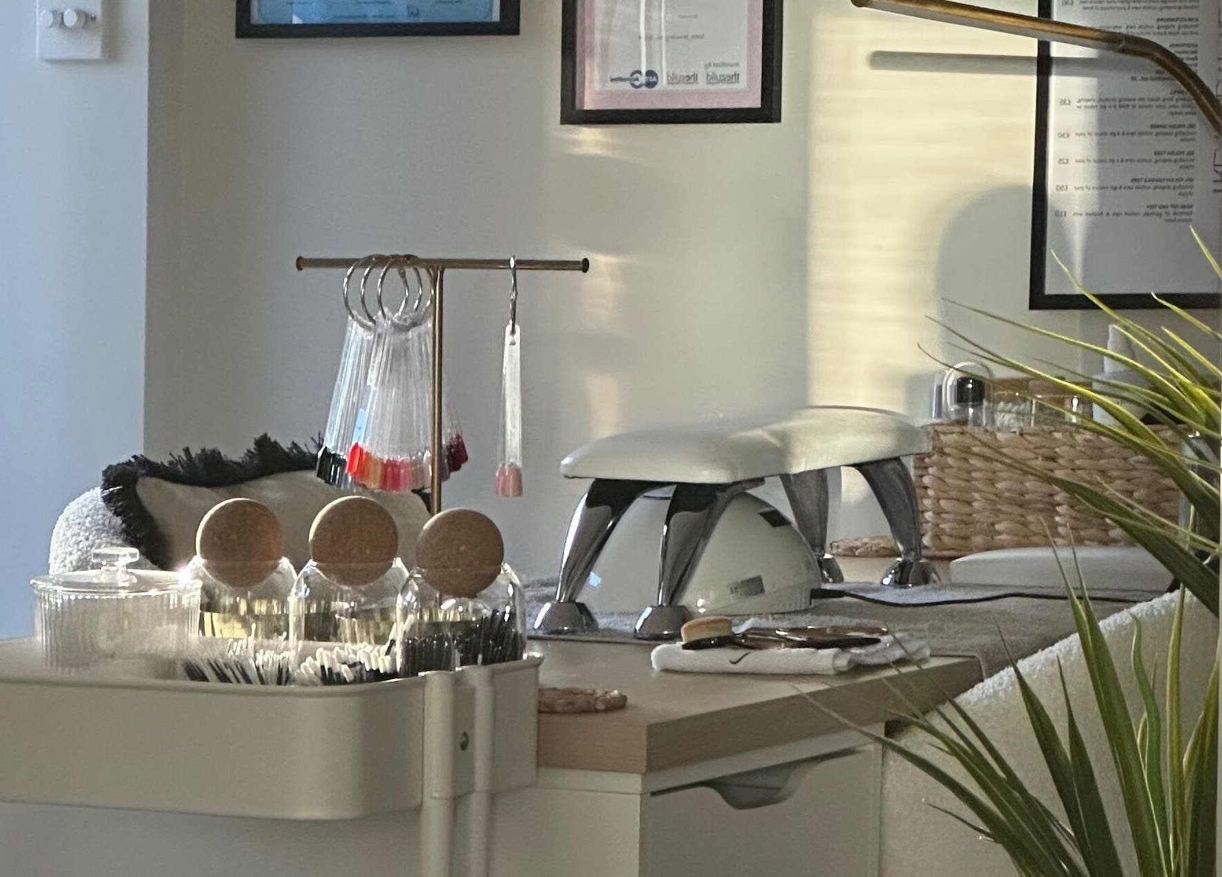 Elegant nail station at Nails by Ezme in Ashford, England, GB, ready for service.