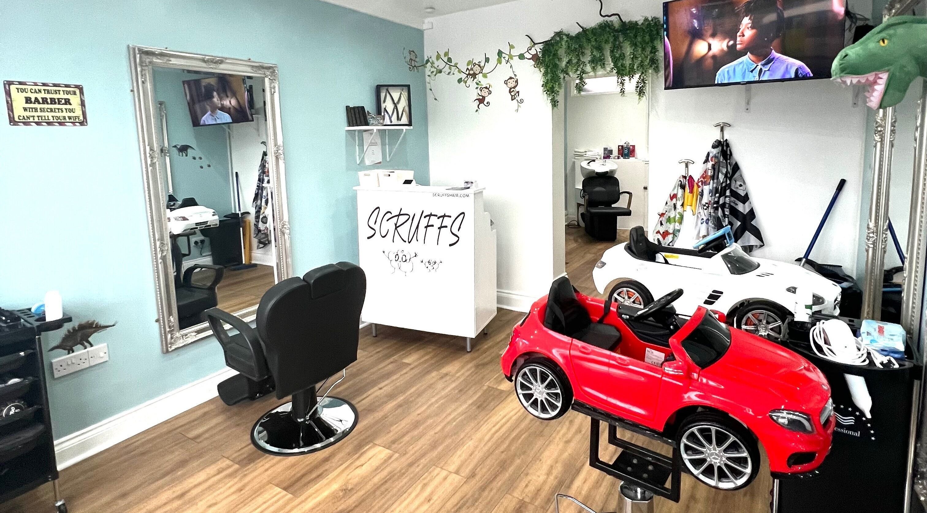 Bright interior of Scruffs salon in Litherland, England, GB featuring stylish seating and decor.
