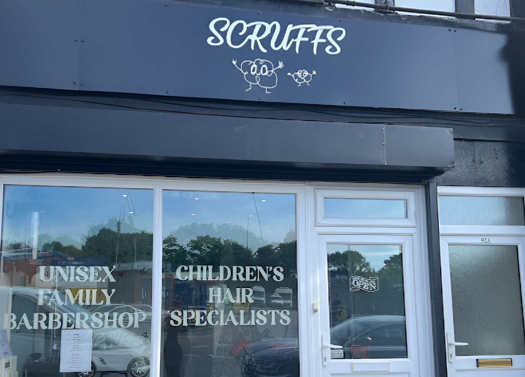 Front view of Scruffs, a family barbershop in Litherland, England, GB. Specializing in children's haircuts.
