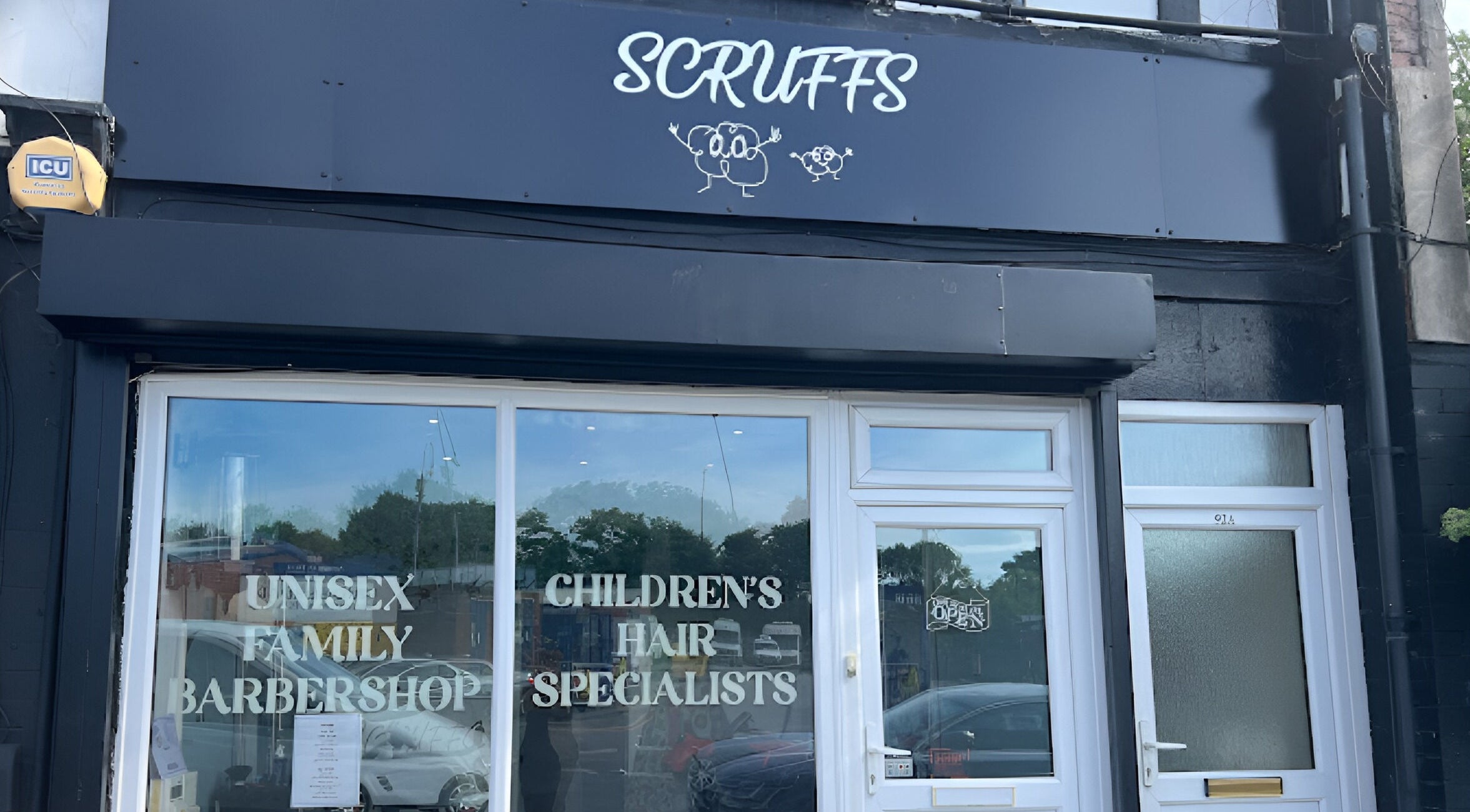 Front view of Scruffs, a family barbershop in Litherland, England, GB. Specializing in children's haircuts.