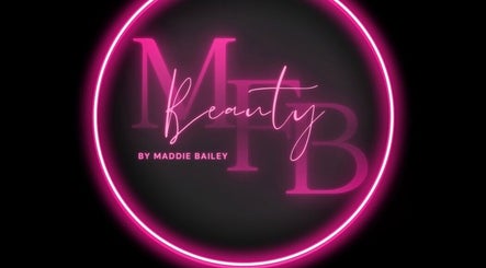 Neon pink Mfb Beauty logo, Harlow, England, GB, with elegant script and vibrant glow.