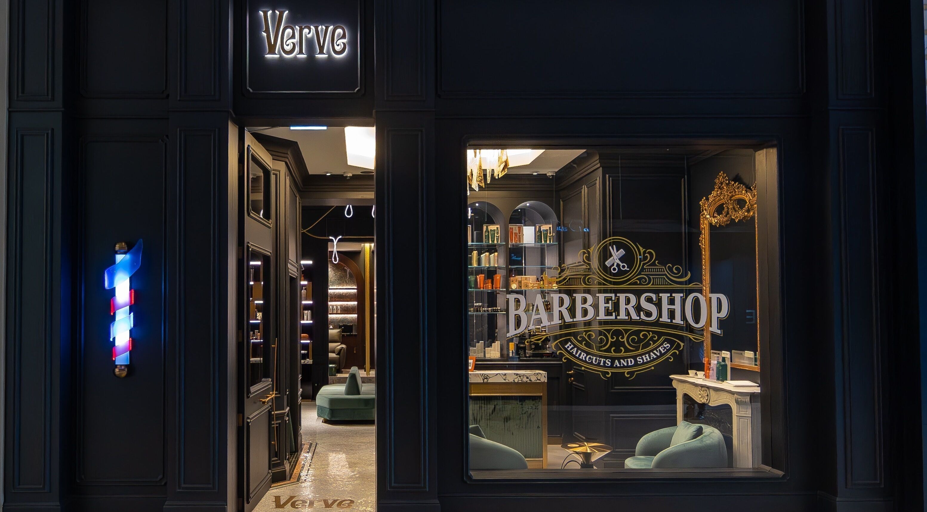 Elegant evening view of Verve Barbershop's entrance in Dubai, Dubai, AE showcasing luxury and modern design.