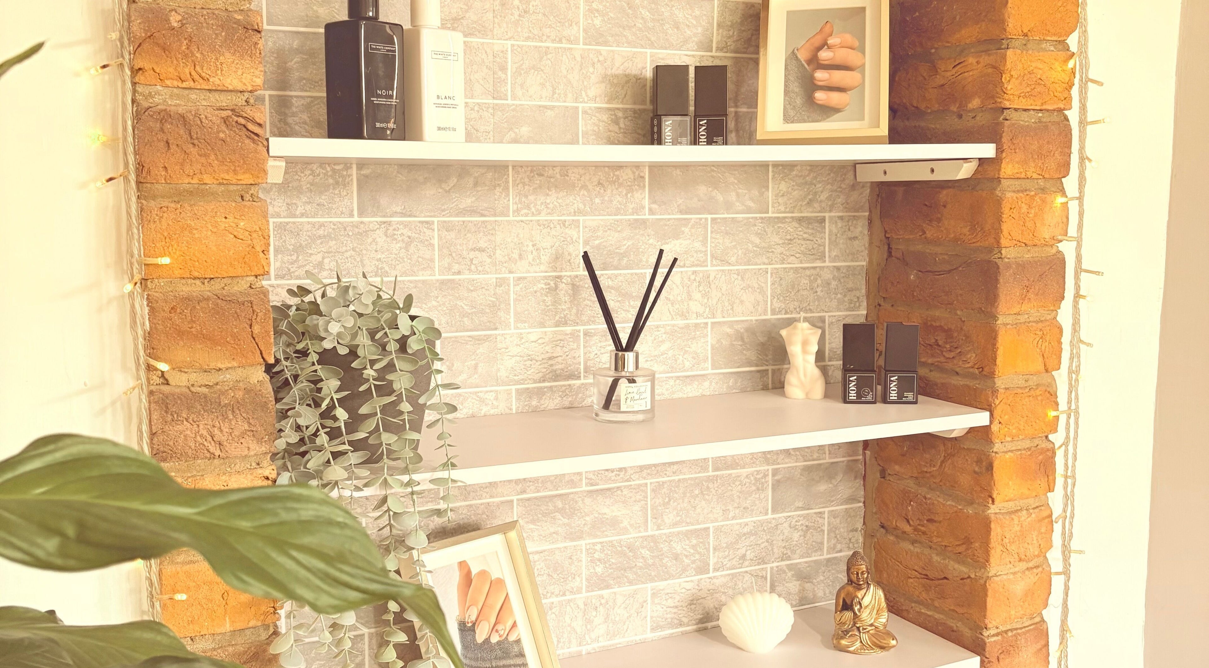 Chic nail products on cozy shelves at Nails By Meg, South Benfleet, England, GB.