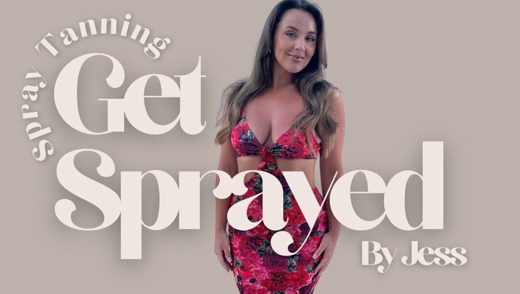Woman in floral dress at Get Sprayed, Exeter, England, promoting spray tanning services.
