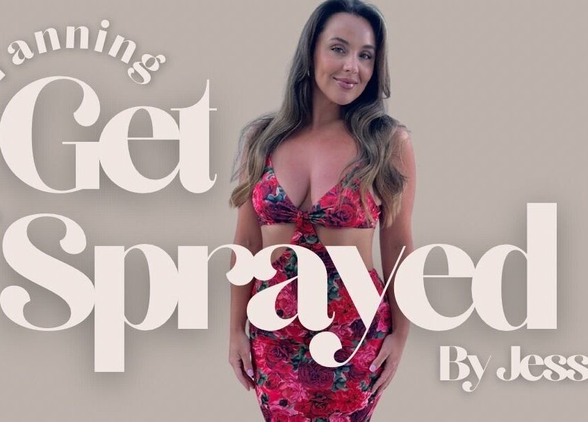 Woman in floral dress at Get Sprayed, Exeter, England, promoting spray tanning services.