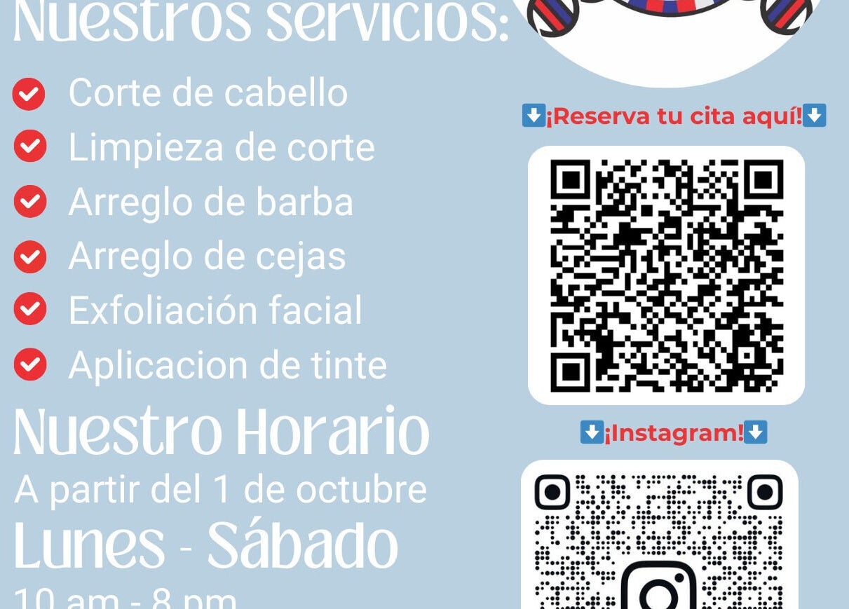 Servicios de Adn Barber Shop en Los Mochis, Sinaloa, MX con códigos QR para reservas y redes sociales.