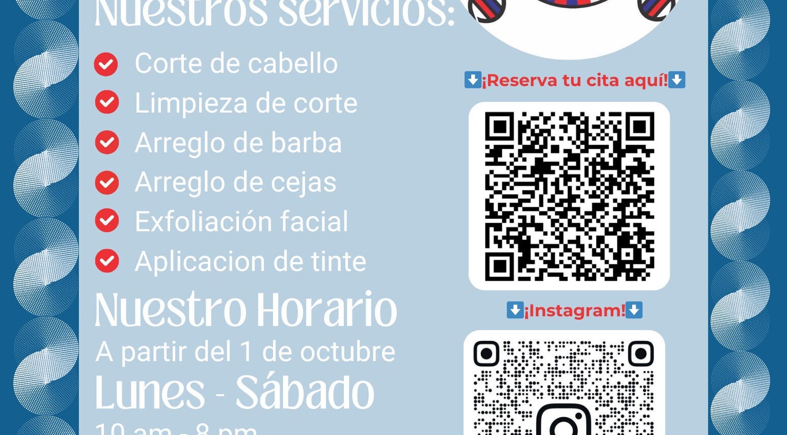 Servicios de Adn Barber Shop en Los Mochis, Sinaloa, MX con códigos QR para reservas y redes sociales.
