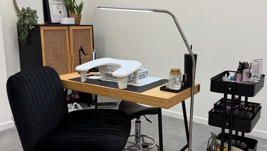 Chic and modern nail workstation at The Studio Nail Box, Cardiff, Wales, GB, with tools and decor.