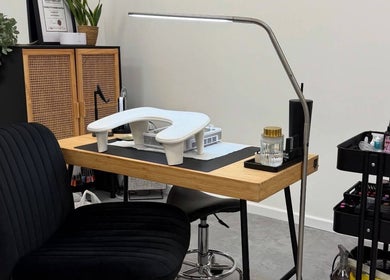 Chic and modern nail workstation at The Studio Nail Box, Cardiff, Wales, GB, with tools and decor.