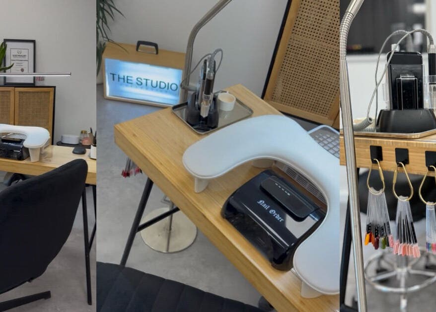 Modern manicure station at The Studio Nail Box, Cardiff, Wales, GB showcasing equipment and nail polish samples.