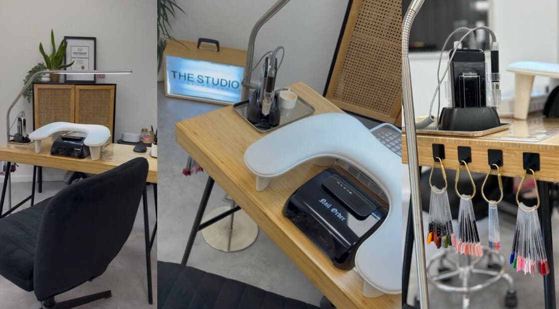 Modern manicure station at The Studio Nail Box, Cardiff, Wales, GB showcasing equipment and nail polish samples.