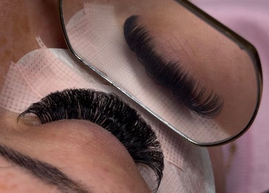 Close-up of eyelash extensions with reflection at Angel Collective, Bournemouth, England, GB.