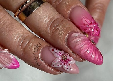 Intricate floral nail art at Meraki Beauty Studio, Liverpool, England, GB offering unique designs.