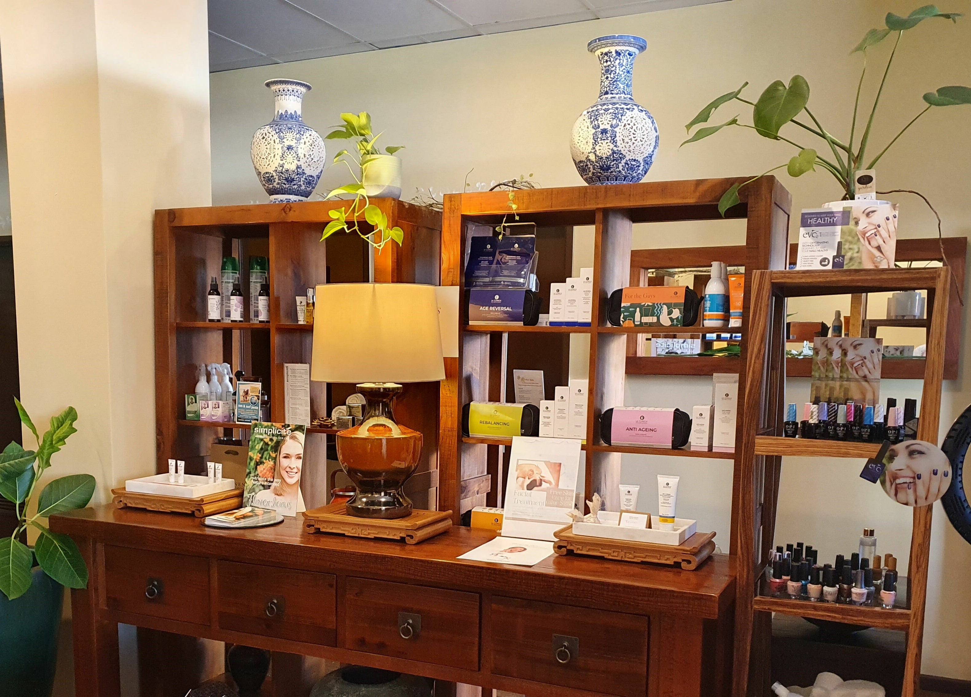 Natural Palm Day Spa interior display with beauty products in Cairns City, Queensland, AU.