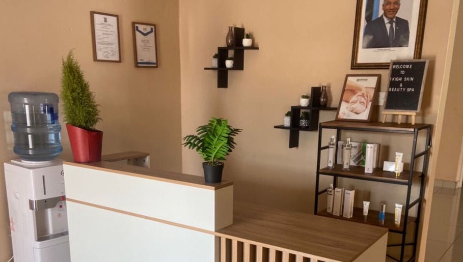 Reception area of Ikigai Skin And Beauty Spa in Gaborone, Gaborone City, BW with decor and skincare products.