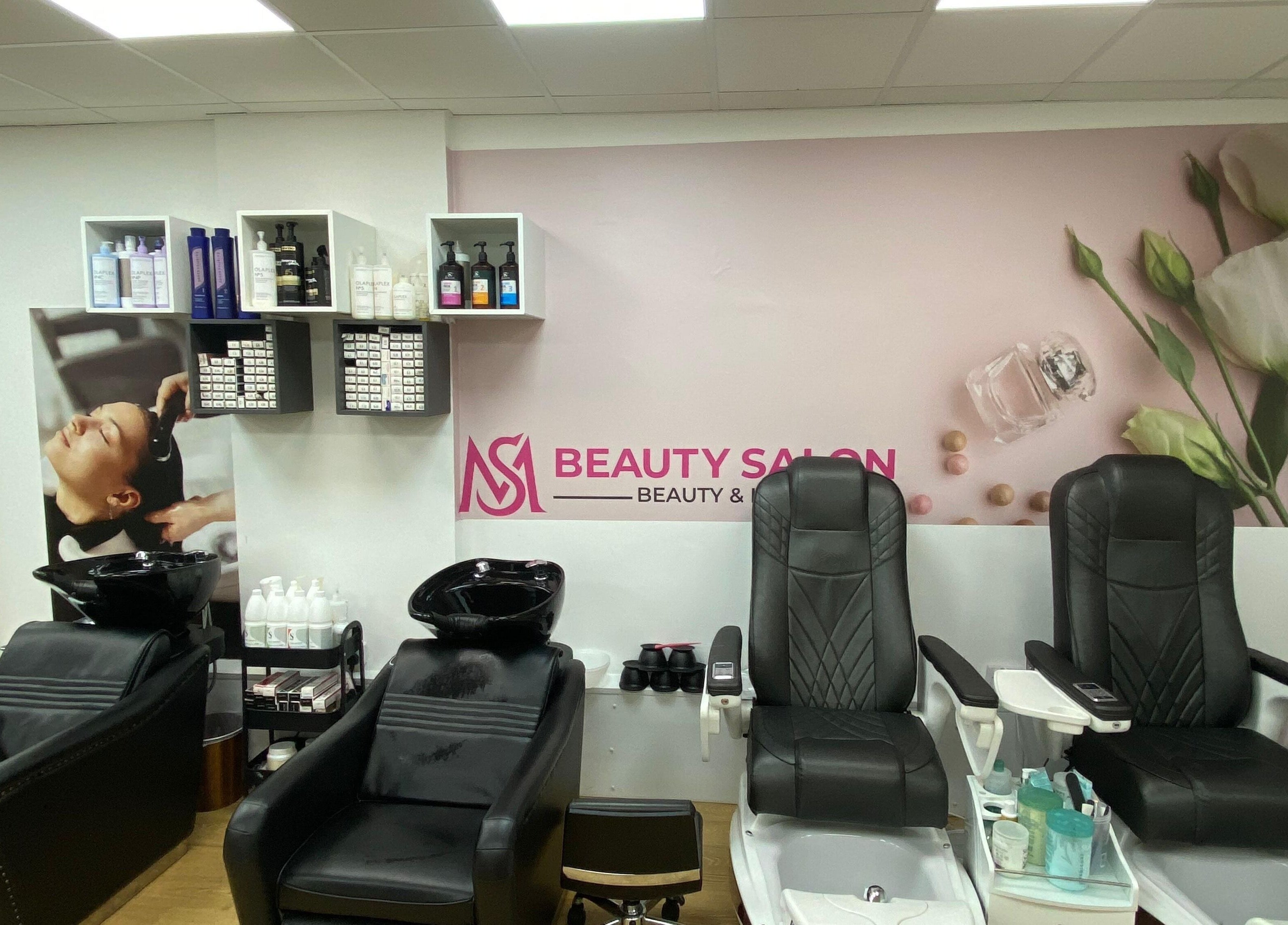 Comfortable salon chairs and beauty products at MS Beauty Salon in Luton, England, GB.