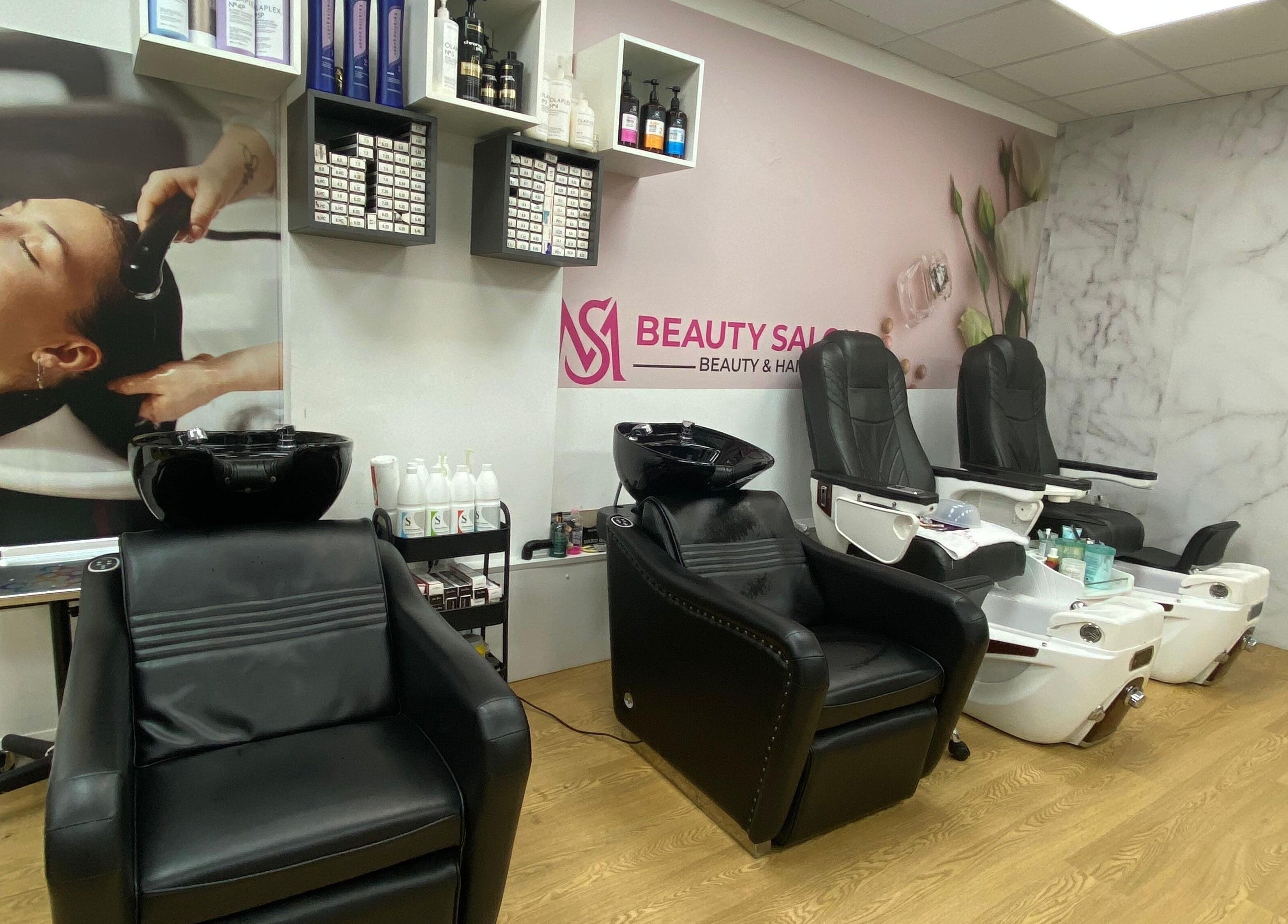 Stylish salon chairs at MS Beauty Salon, Luton, England, GB, offering a relaxing atmosphere for hair and beauty treatments.