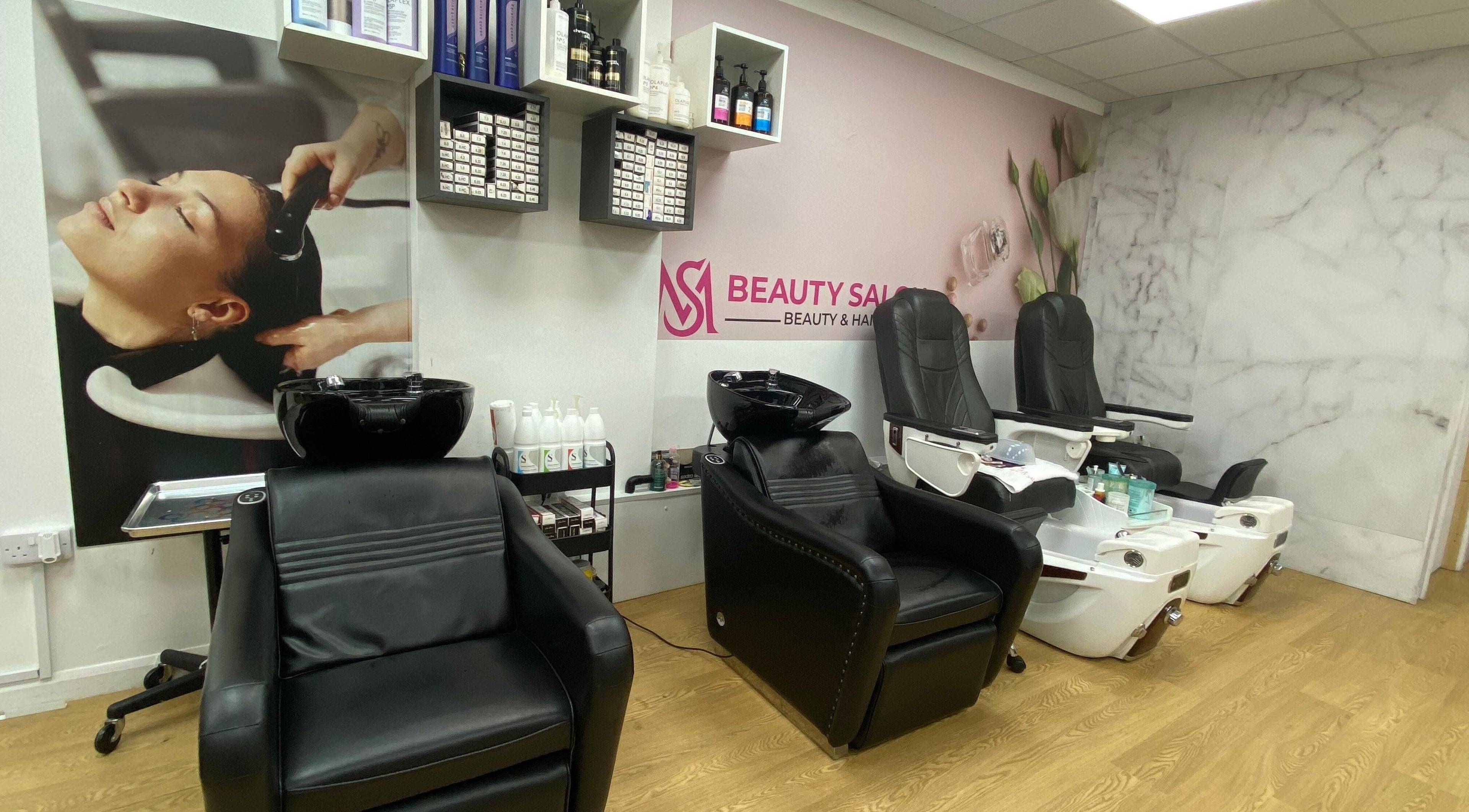 Stylish salon chairs at MS Beauty Salon, Luton, England, GB, offering a relaxing atmosphere for hair and beauty treatments.