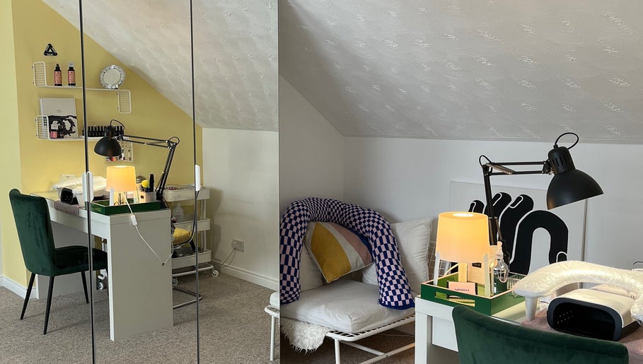 Elegant nail salon setup at Samanails in Broughshane, Northern Ireland, GB with cozy seating and stylish decor.