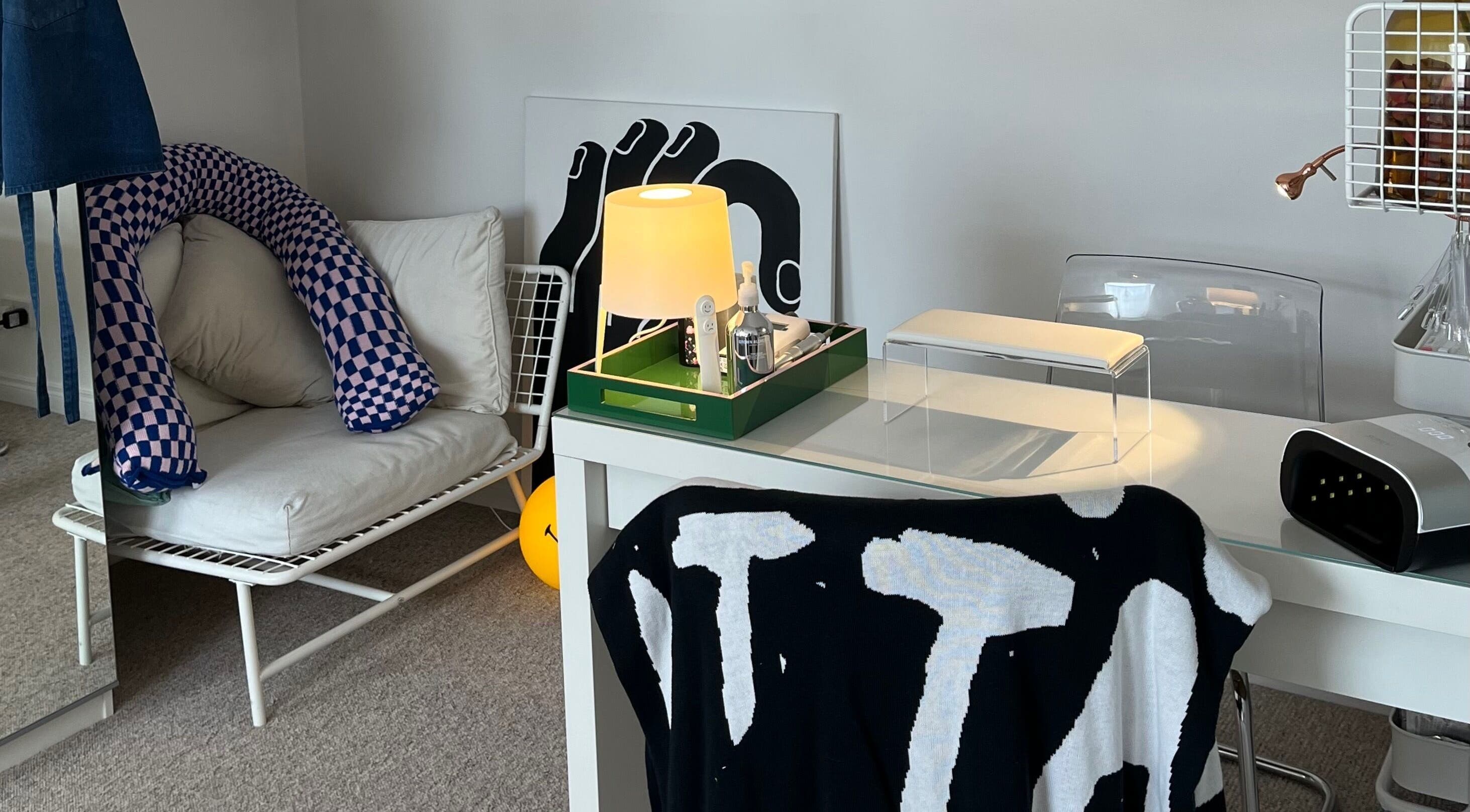 Modern beauty station at Samanails, Broughshane, Northern Ireland, GB. Cozy seating and stylish decor.