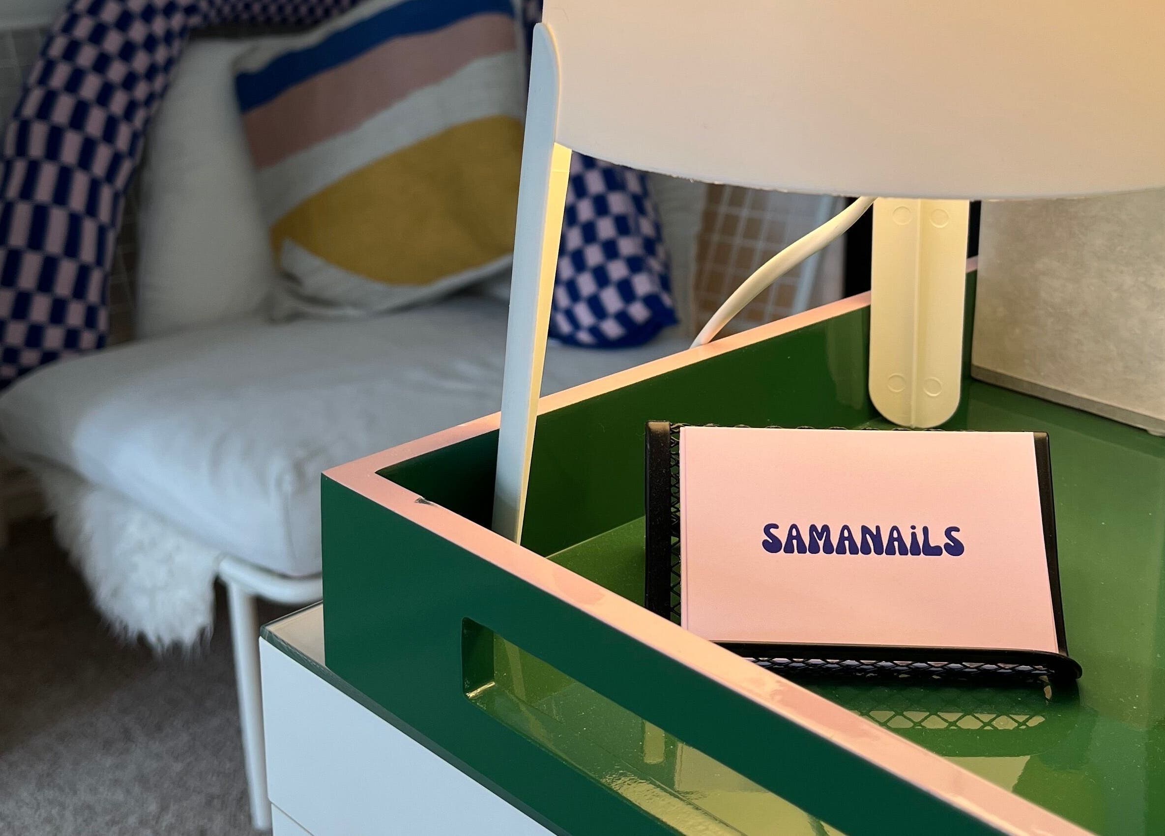 Cozy Samanails corner with a stylish lamp and branding in Broughshane, Northern Ireland, GB.