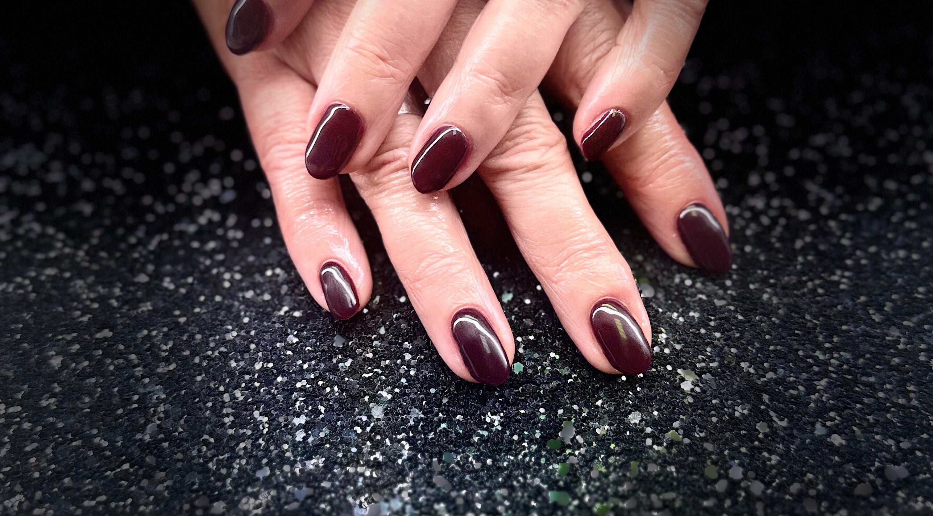 Elegant maroon manicure at Nazia Sandhu - Permanent Makeup and Nails, Wokingham, England, GB.