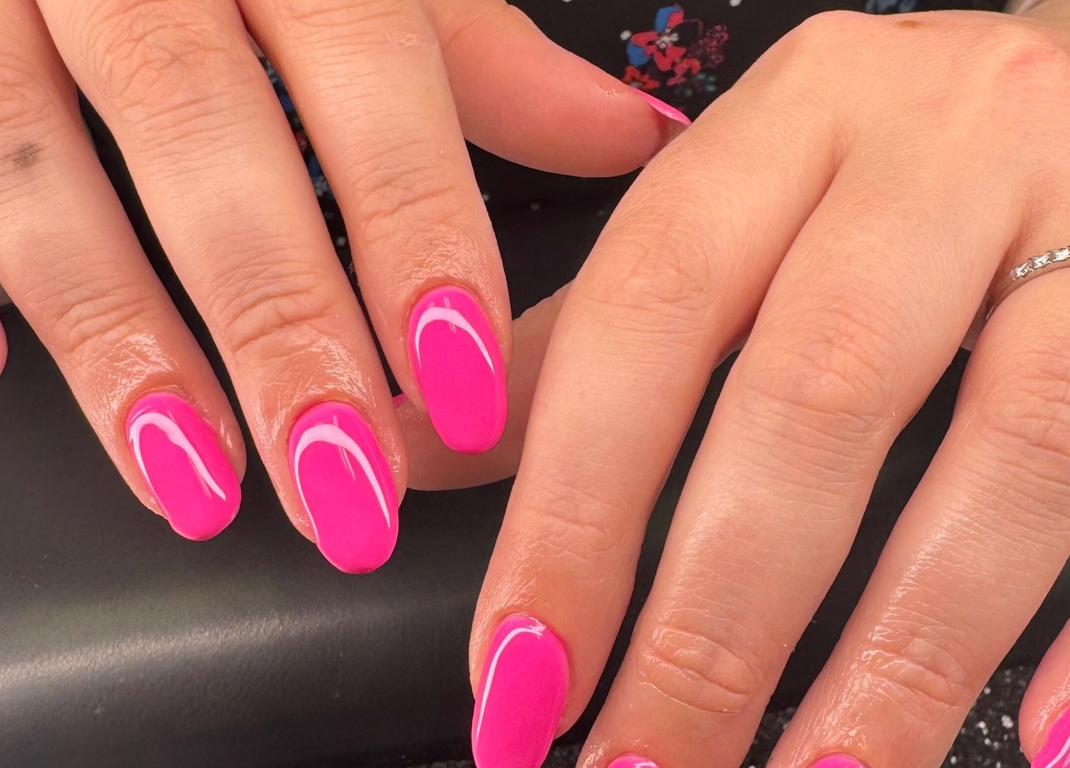 Bright pink nail art at Nazia Sandhu - Permanent Makeup and Nails in Wokingham, England, GB.