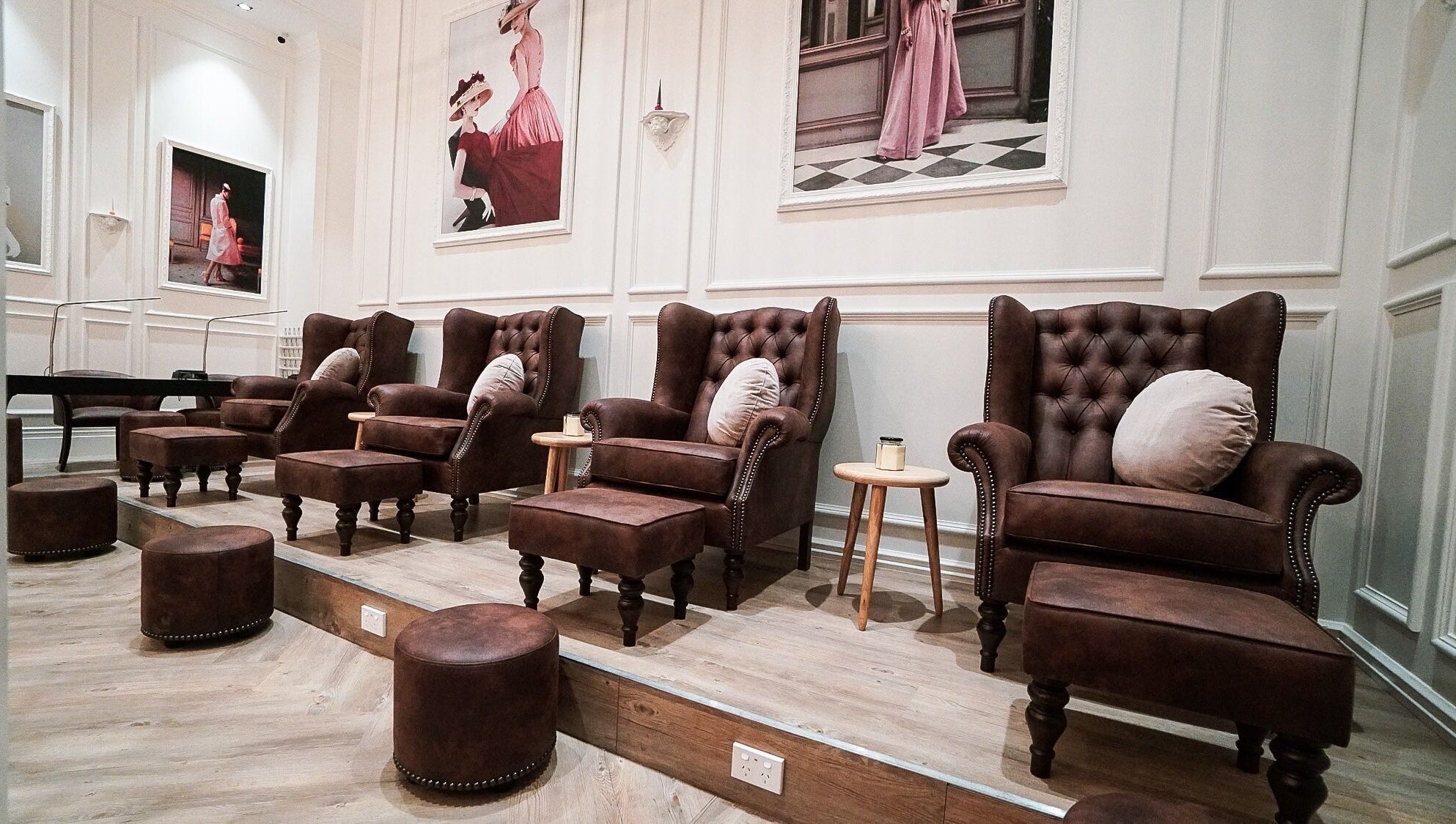 Stylish nail salon seating at The Art of Nails Commercial Bay, Auckland, NZ.