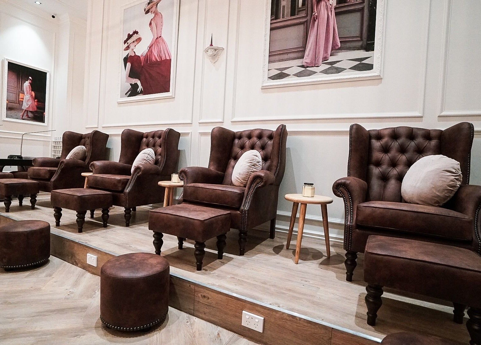 Stylish nail salon seating at The Art of Nails Commercial Bay, Auckland, NZ.