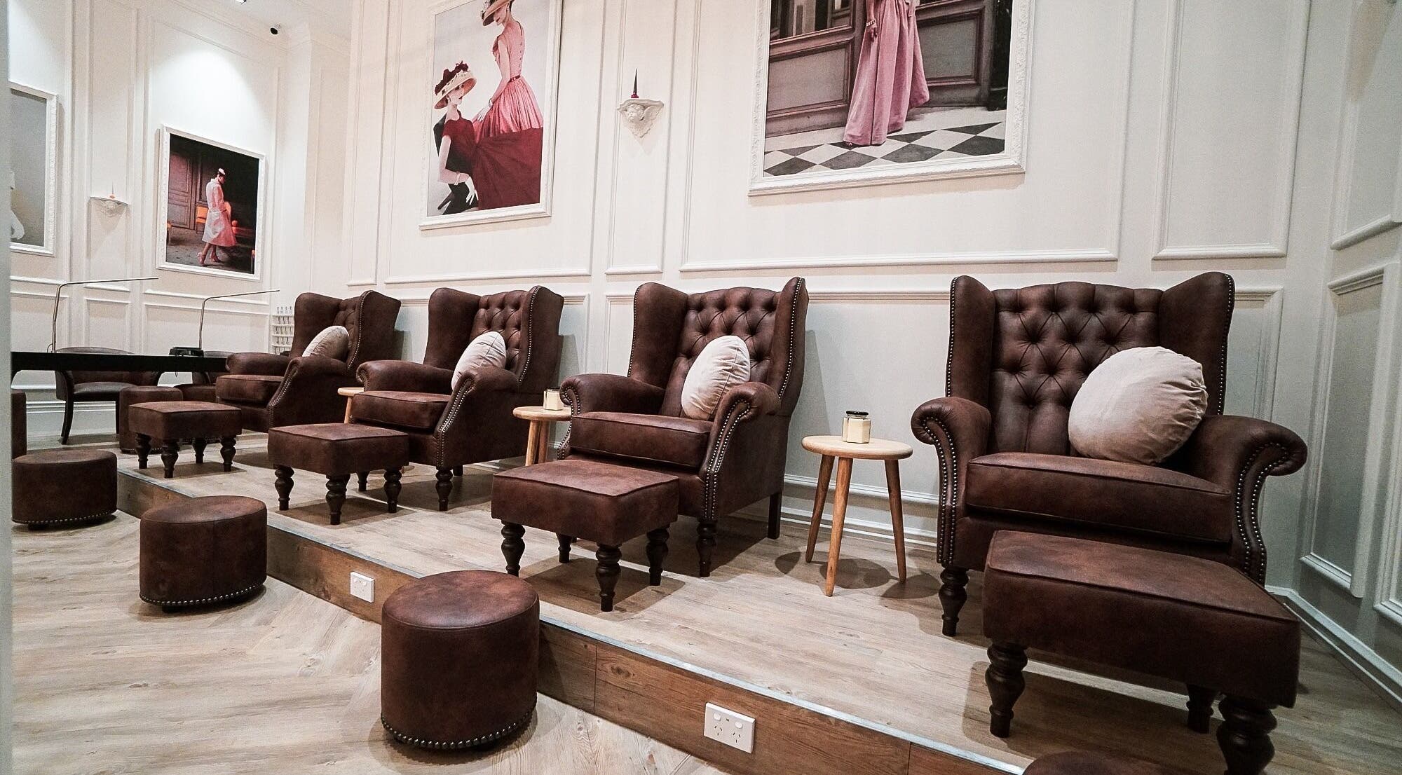 Stylish nail salon seating at The Art of Nails Commercial Bay, Auckland, NZ.