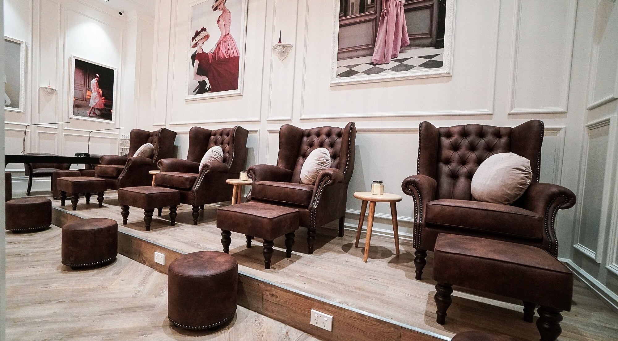 Stylish nail salon seating at The Art of Nails Commercial Bay, Auckland, NZ.