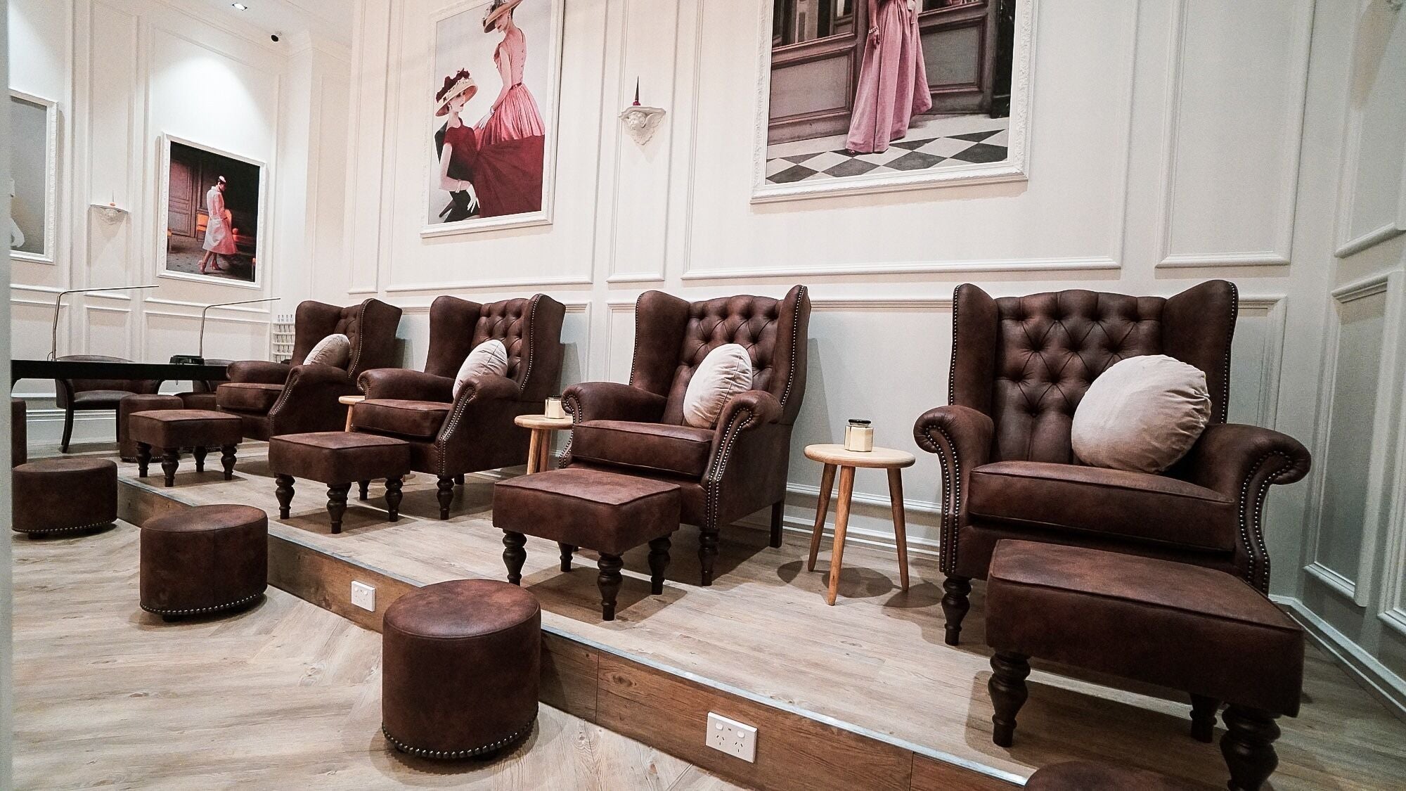 Stylish nail salon seating at The Art of Nails Commercial Bay, Auckland, NZ.