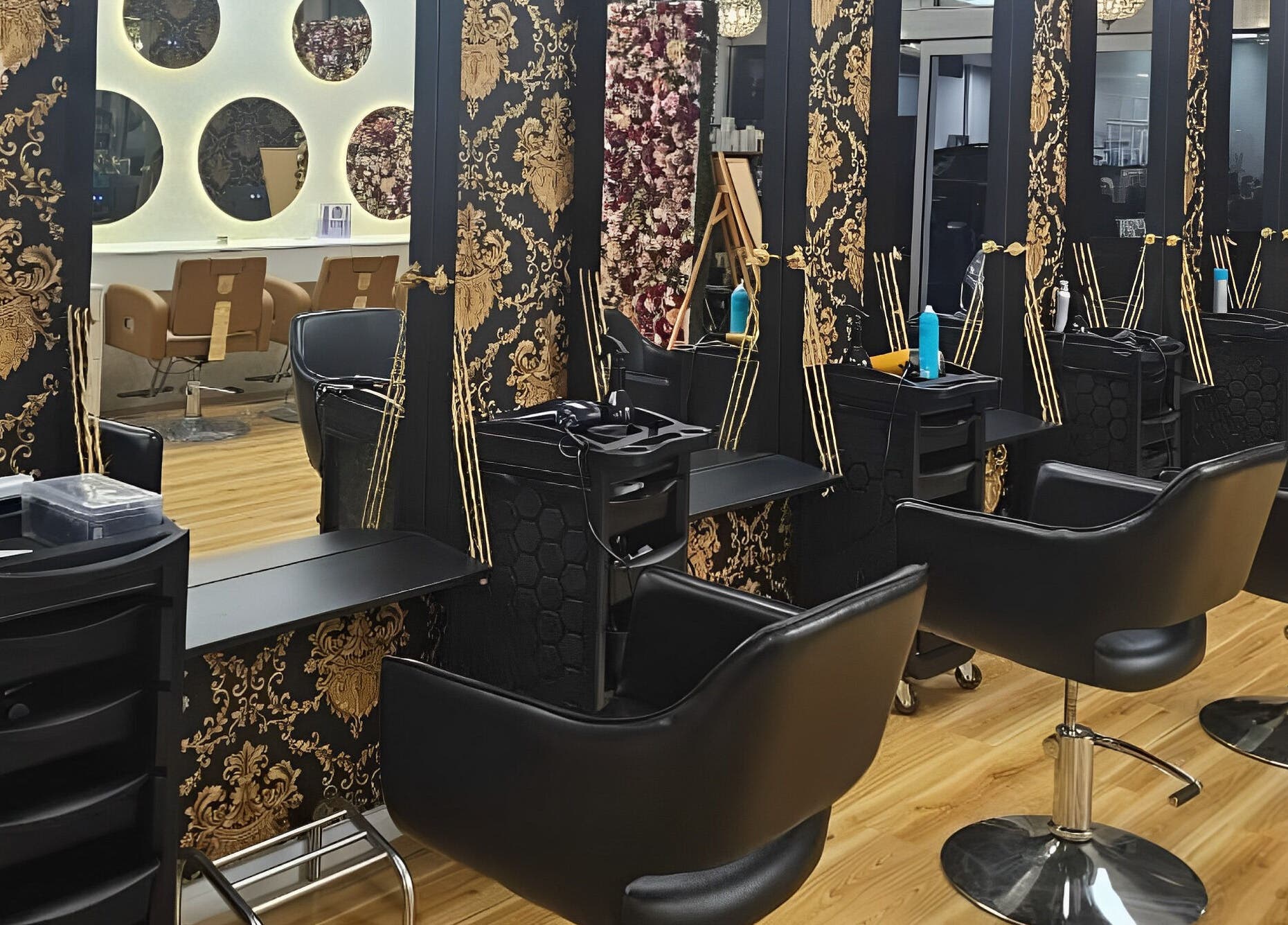 Chic salon chairs and ornate mirrors at Shine Magic Touch Rototuna, Hamilton, Waikato, NZ.