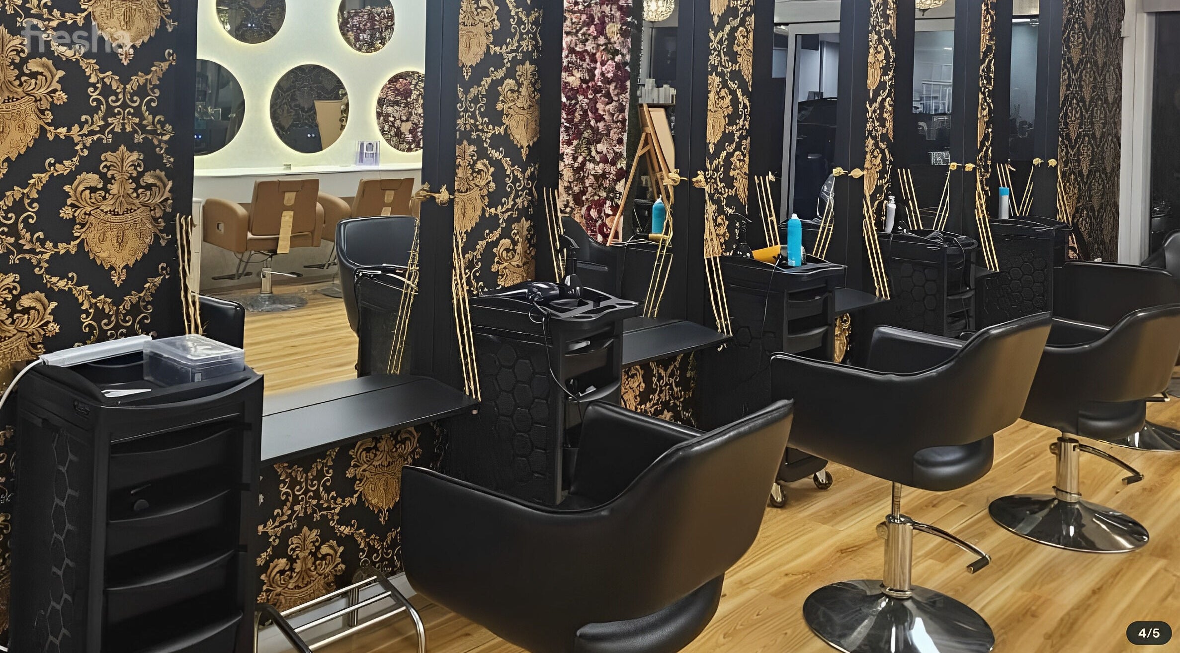 Chic salon chairs and ornate mirrors at Shine Magic Touch Rototuna, Hamilton, Waikato, NZ.