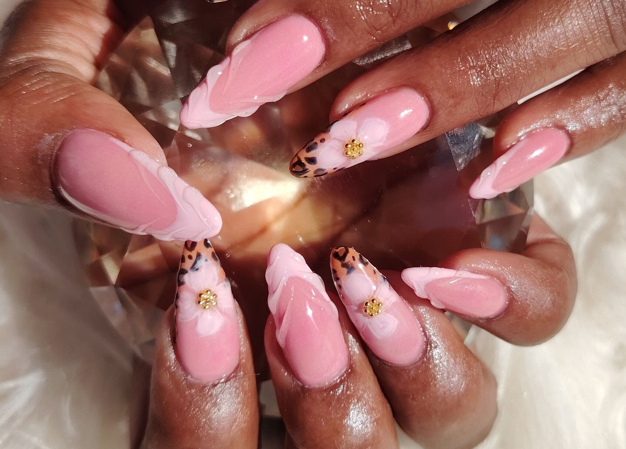 Stylish pink floral nails at Map's Nails Studio, Heidelberg - Gp, Gauteng, ZA.