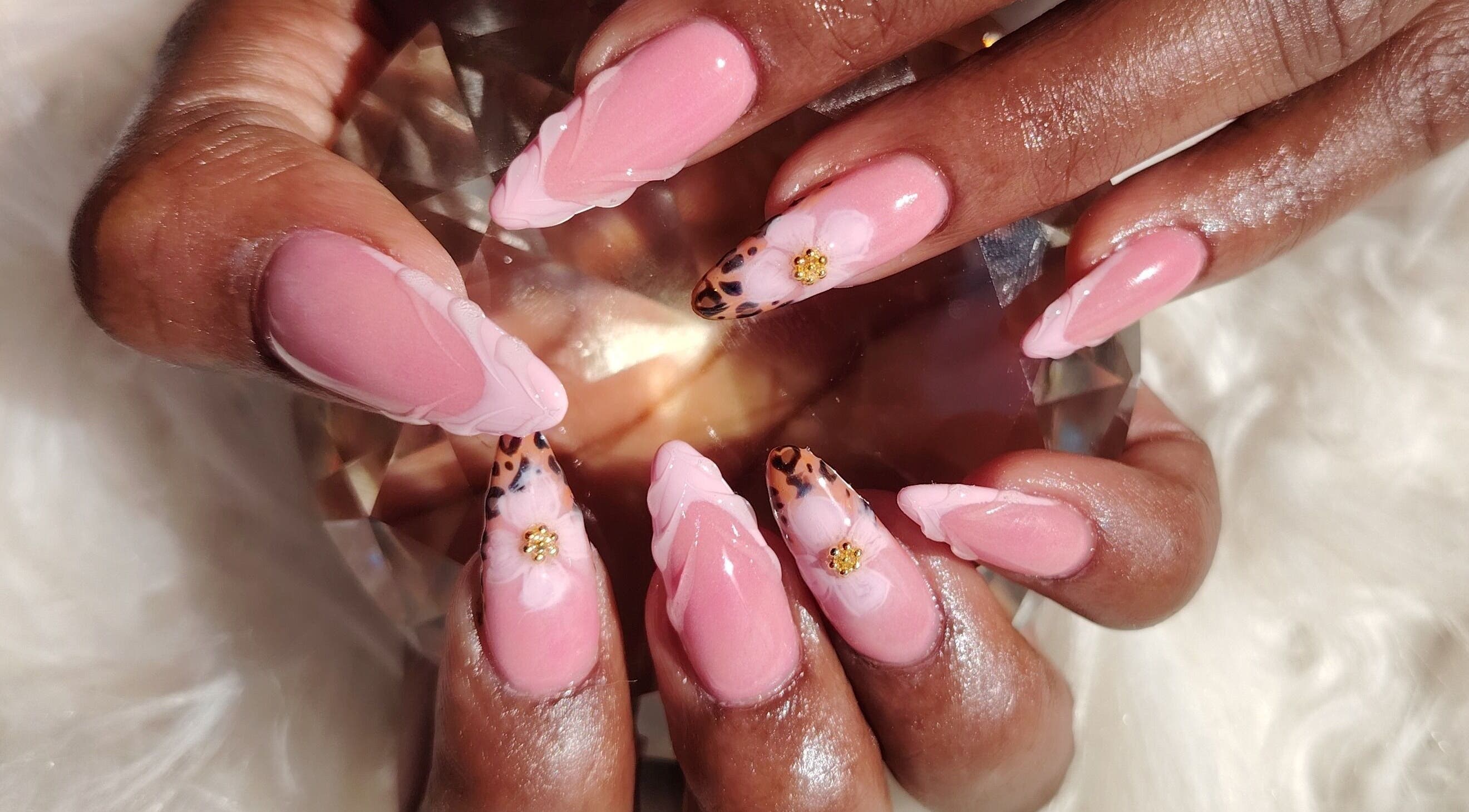 Stylish pink floral nails at Map's Nails Studio, Heidelberg - Gp, Gauteng, ZA.