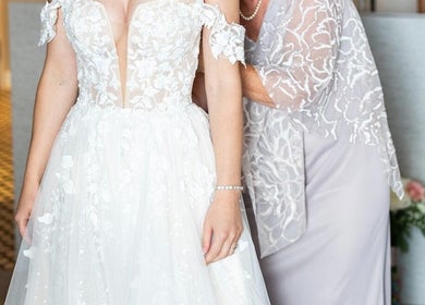 Bride in floral lace gown at By Ange - Bridal & Occasion Makeup Artist, Warrington, England, GB.